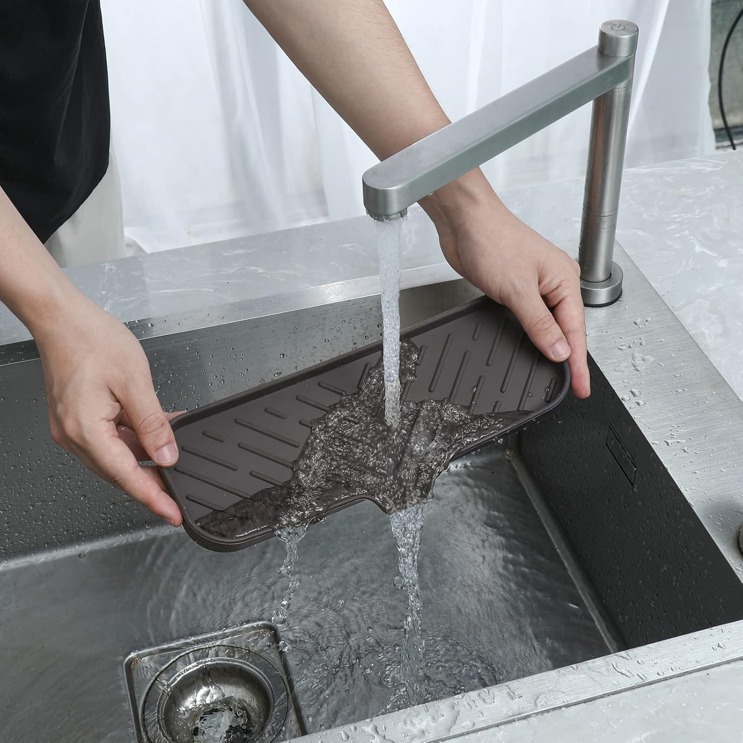 Silicone Bathroom Soap Dishes with Drain Spout-Bathroom and Kitchen Sink Organizer,Sponge Holder,Dish Soap Tray,Perfect for Dispenser,Scrubber,Bottle,Cup on Sink or Counter-Coffee 12"×4"