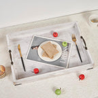 Large Wood Rectangular Serving Tray 20 x 14 Inch Rustic Wooden Ottoman Tray with Metal Handle and Wrapped Corners, Wood Coffee Table Tray Solid Pine Decorative Tray Whitewashed