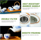 Japanese Tea Set Porcelain Tea Set with Teapot and Tea Cup Set for 4, Blue and White Tea Sets for Adults with Stainless Infuser and Bamboo Tray, Asian Tea Set for Tea Lovers/Women/Men (Plum & Bamboo)