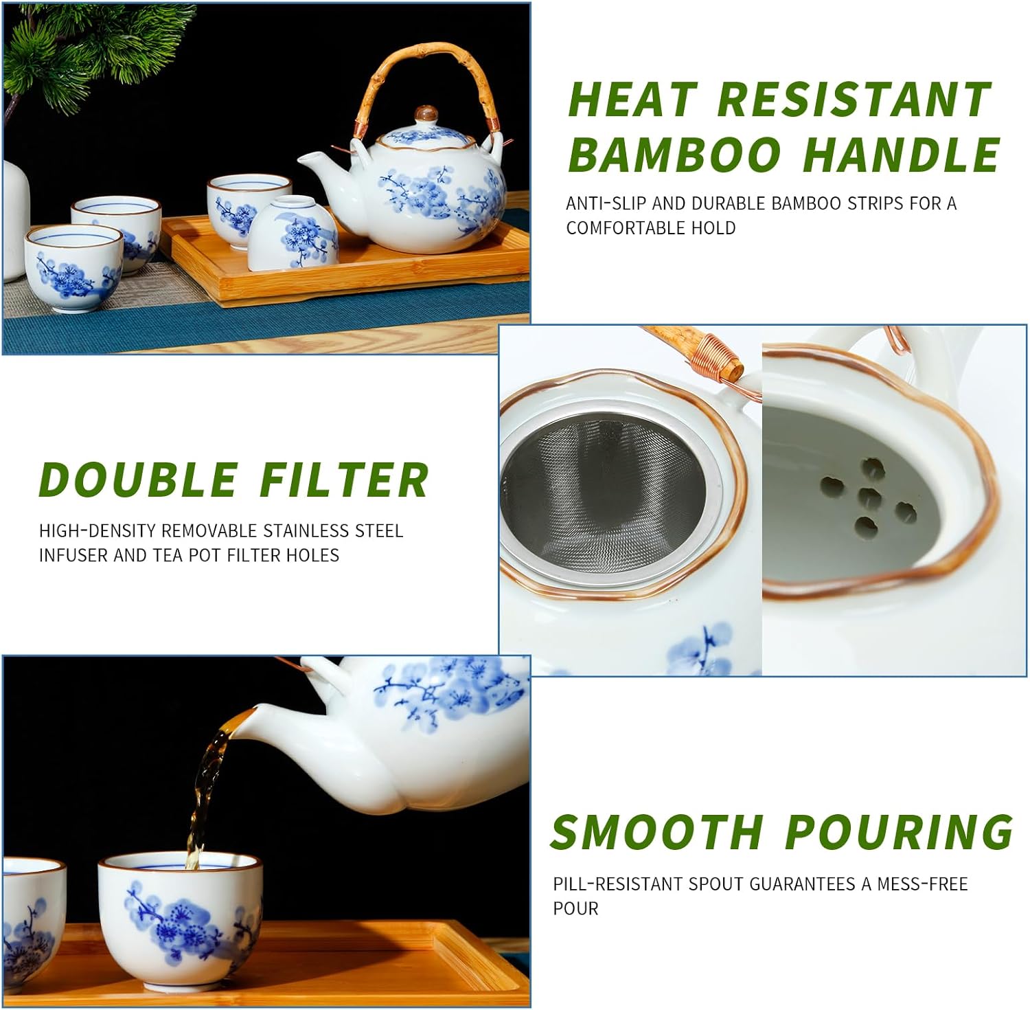 Japanese Tea Set Porcelain Tea Set with Teapot and Tea Cup Set for 4, Blue and White Tea Sets for Adults with Stainless Infuser and Bamboo Tray, Asian Tea Set for Tea Lovers/Women/Men (Plum & Bamboo)