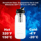 Glass Water Bottles with Stainless Tea Infuser 32oz, BPA-Free, Wide Mouth, Leakproof, Protective Sleeve, Borosilicate Glass for Tea and Fruit Infusions, Durable Travel Companion, Reusable Bottle