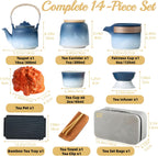 ICHAG Chinese Tea Set, Japanese Tea Sets for Adults, 15-Piece Porcelain Gongfu Tea Set with Tea Pet & Tea Tray, Japanese Teapot Set, Travel Tea Party Set, for Home/Office/Outdoor/Gifts (Blue)