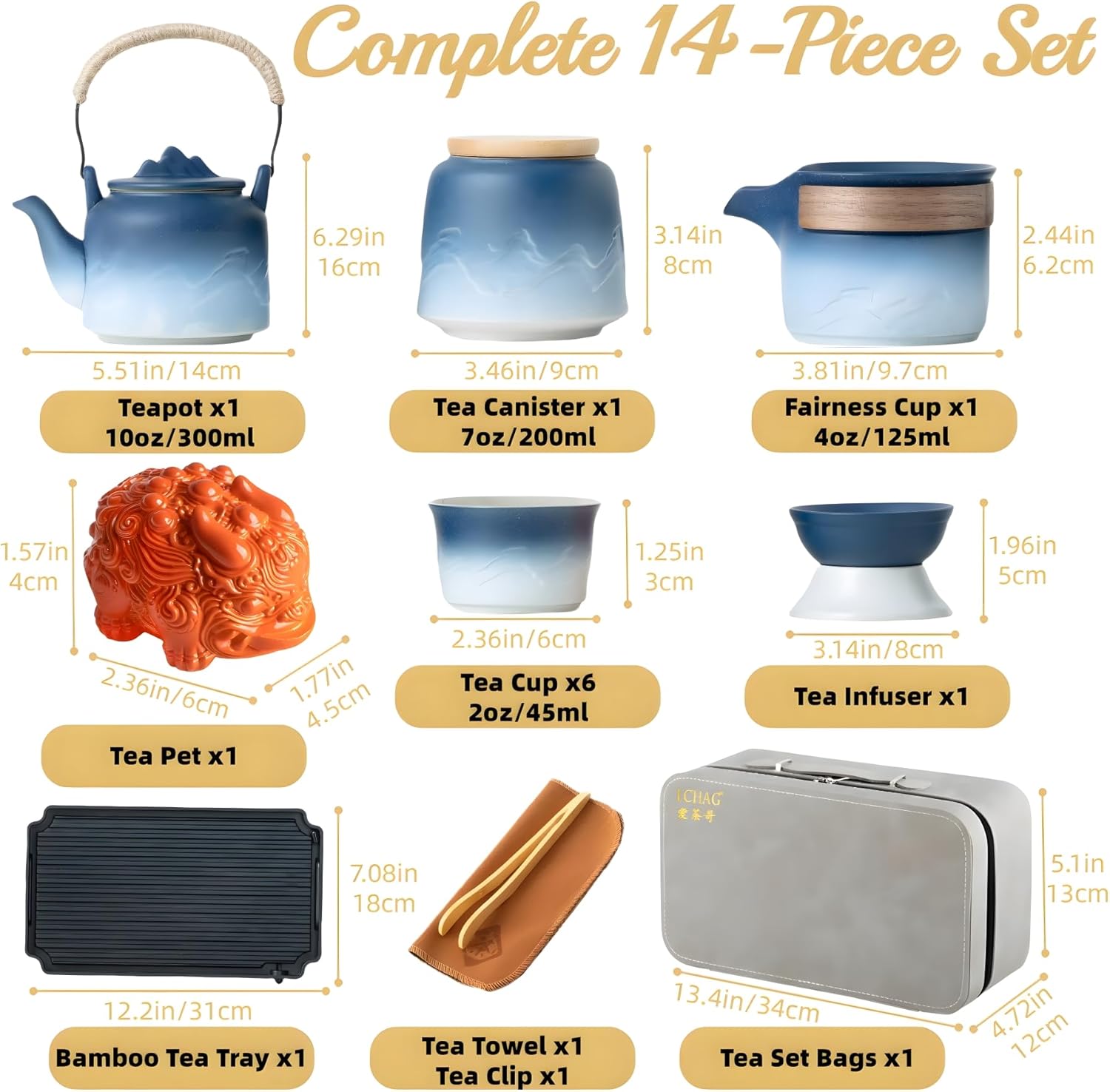 ICHAG Chinese Tea Set, Japanese Tea Sets for Adults, 15-Piece Porcelain Gongfu Tea Set with Tea Pet & Tea Tray, Japanese Teapot Set, Travel Tea Party Set, for Home/Office/Outdoor/Gifts (Blue)