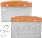 Bench Scraper Set of 2, HaSteeL Metal Dough Scraper Cutter Pastry Chopper with Wooden Handle, Heavy Duty Stainless Steel Griddle Scraper with Measuring Marks for Cooking Baking Grilling