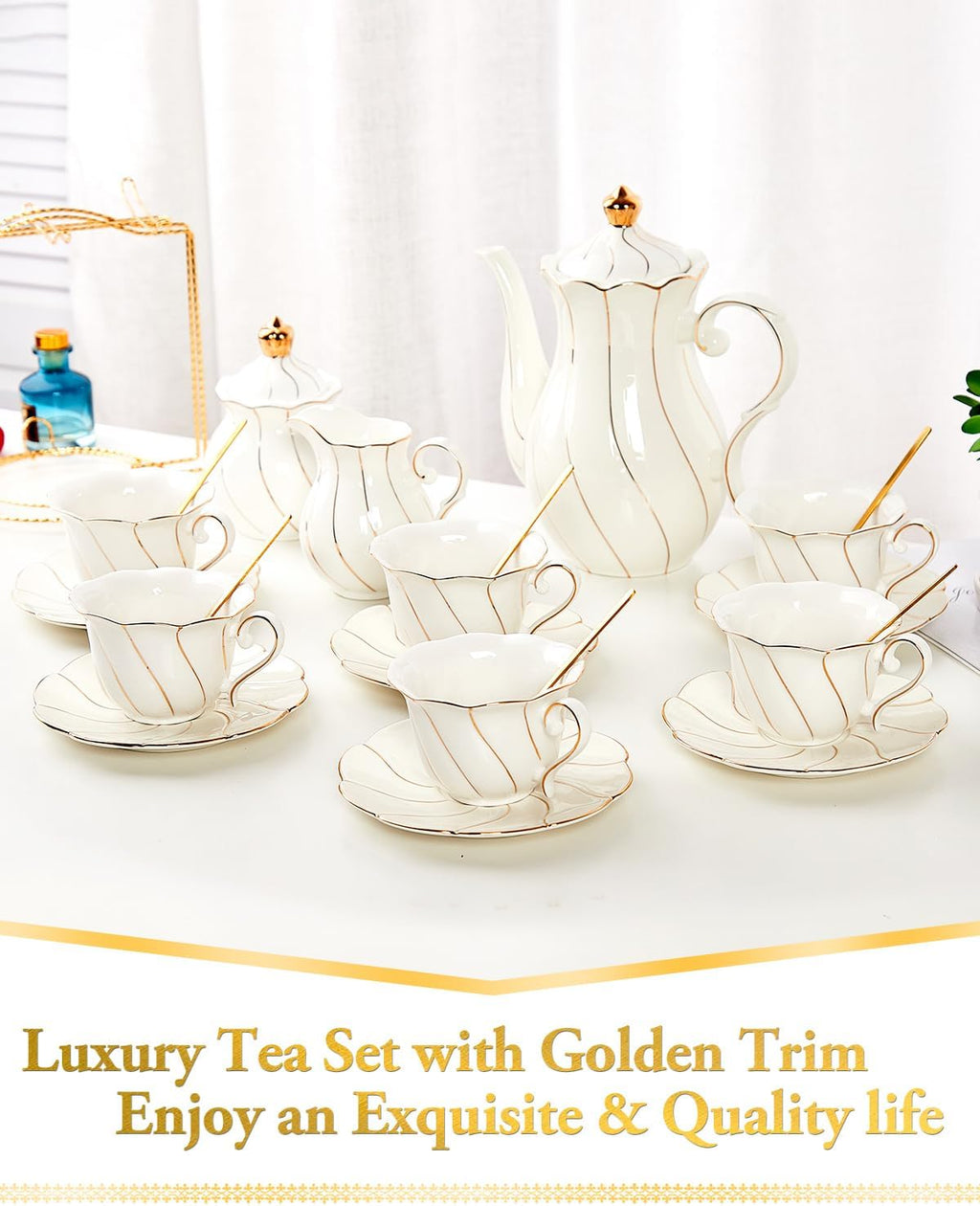DUJUST 22 pcs White Porcelain Tea Set for 6, Luxury British Style Tea/Coffee Cup Set with Golden Trim, Beautiful Tea Set for Women, Tea Party Set, Gift Package (With a Stand)