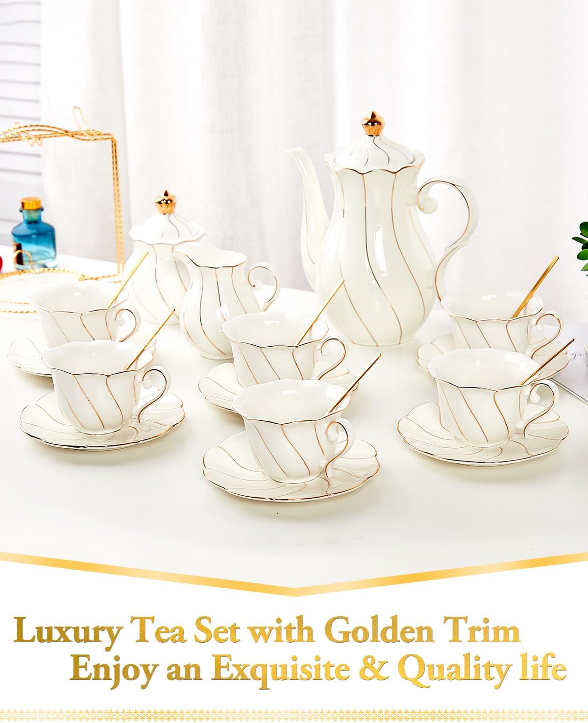 DUJUST 22 pcs White Porcelain Tea Set for 6, Luxury British Style Tea/Coffee Cup Set with Golden Trim, Beautiful Tea Set for Women, Tea Party Set, Gift Package (With a Stand)