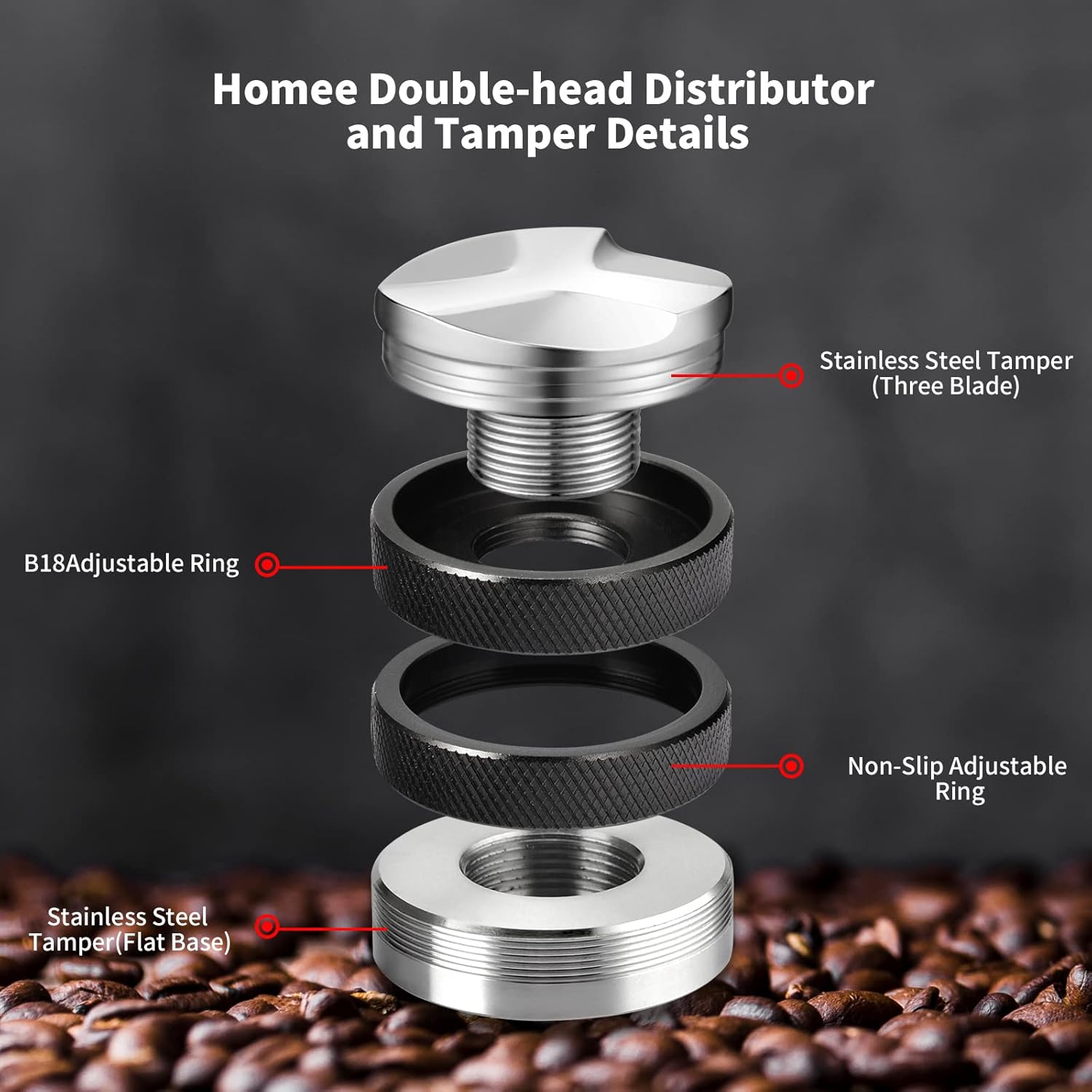 51mm Espresso Tamper, Coffee Distributor Adjustable Height, Coffee Leveler Fits with Two-in-one Double-head and Flat-bottom Three Leaf for Macaroons Espresso Coffee