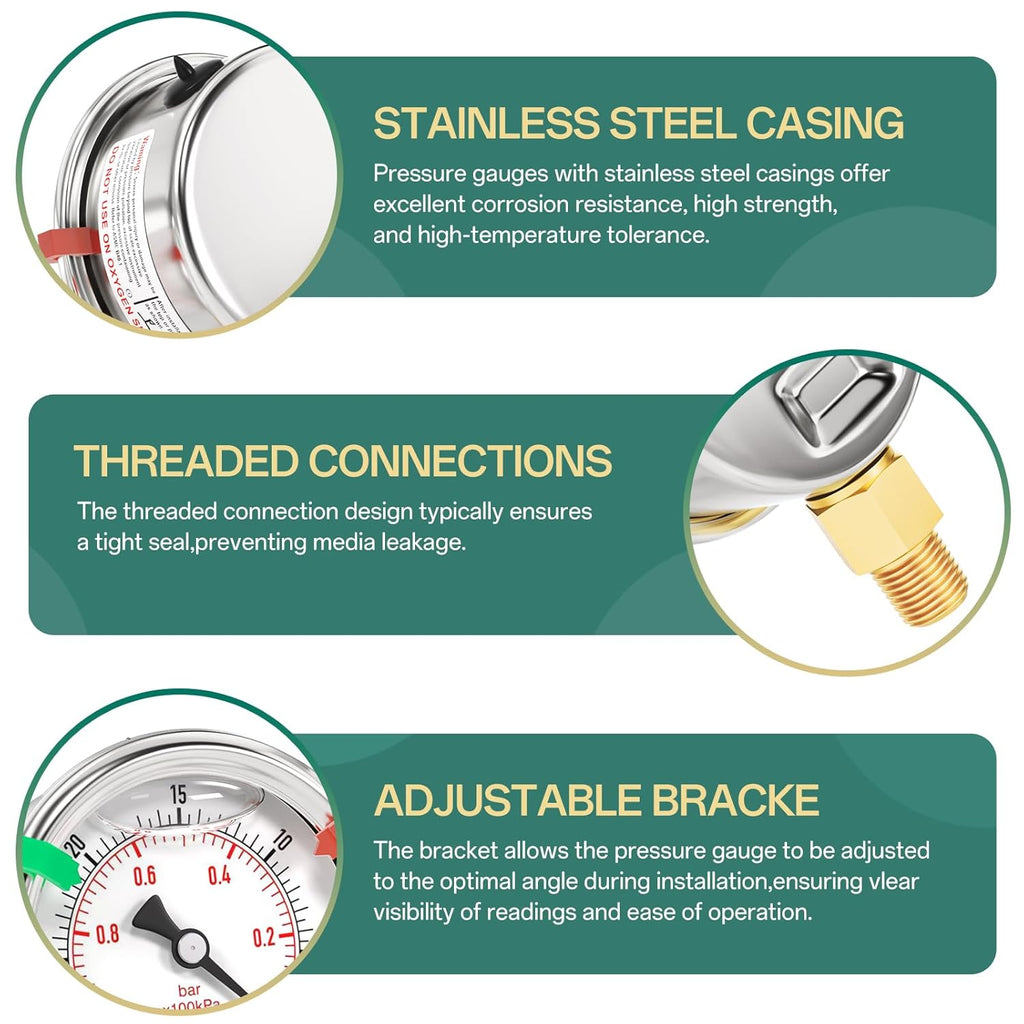 -30inHG~0Psi Stainless Steel Liquid Filled Pressure Gauge, 2.5" Dial Size, 1/8" NPT Lower Mount, for Tube, Water Pump, Gas, Liquid, Pressure Test (with Range Mark Pointer)