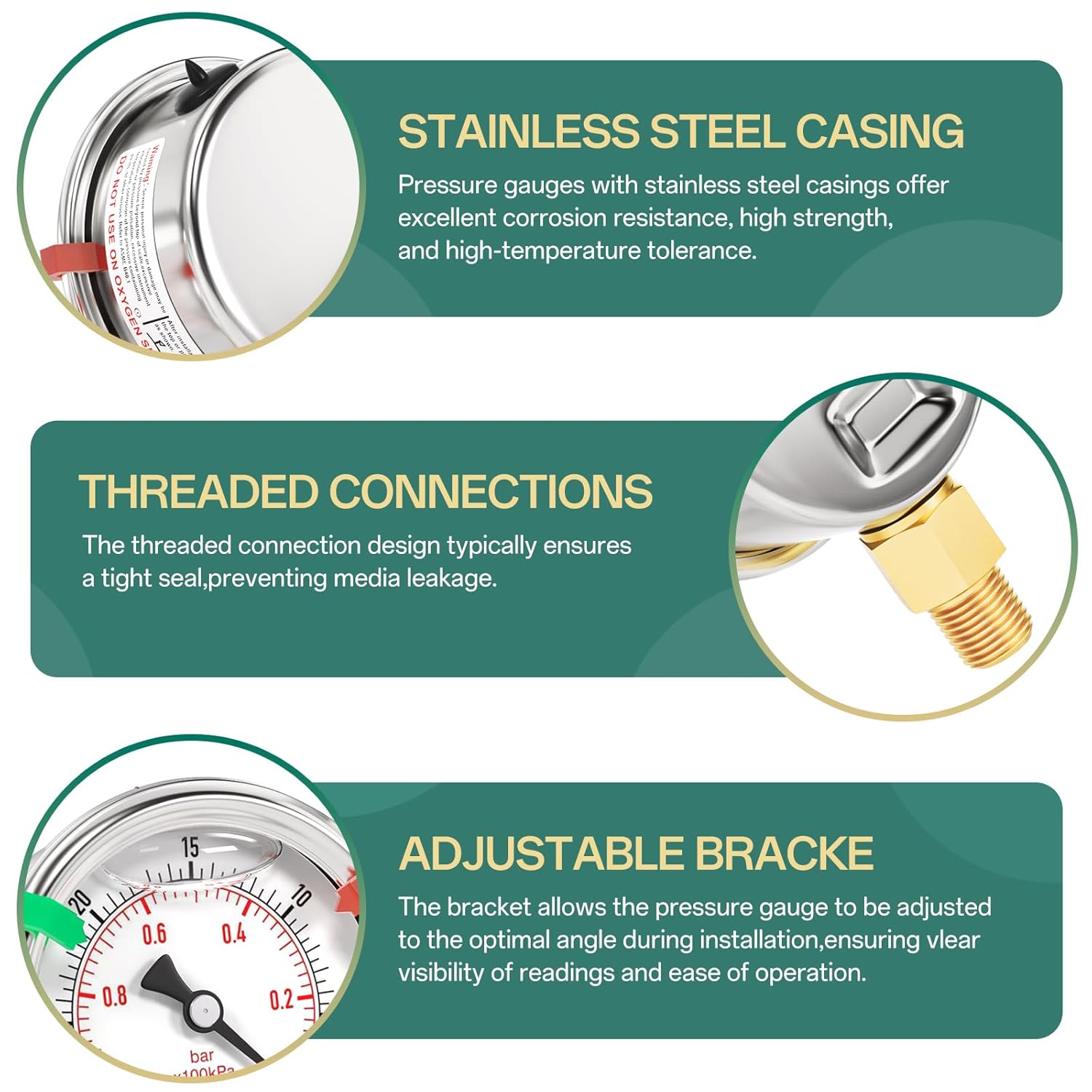 -30inHG~0Psi Stainless Steel Liquid Filled Pressure Gauge, 2.5" Dial Size, 1/8" NPT Lower Mount, for Tube, Water Pump, Gas, Liquid, Pressure Test (with Range Mark Pointer)