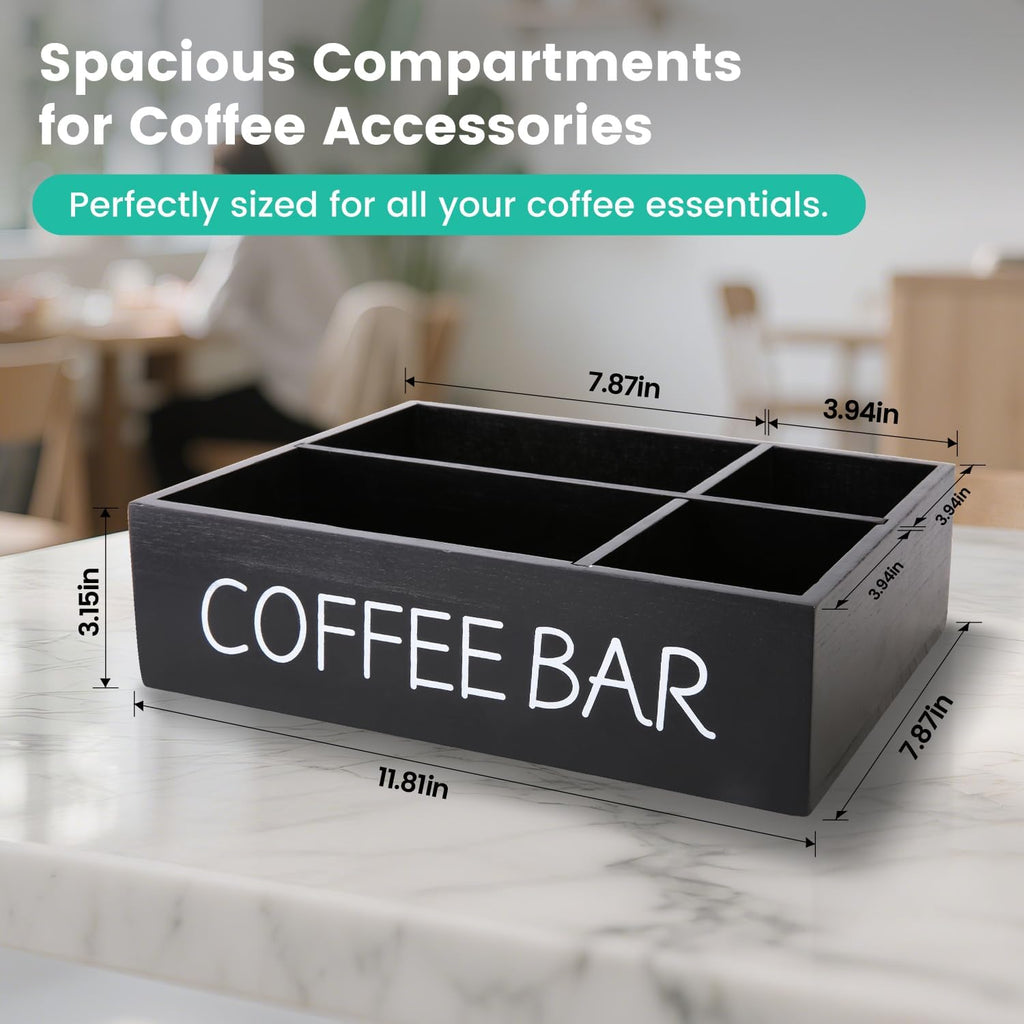 Coffee Bar Organizer – Wooden Coffee Station with 4 Compartments, Removable Dividers, and Condiment Storage for Home & Office
