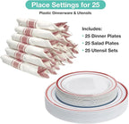 Pre Wrapped Cutlery Set- 25 sets of Fork, Knife, Spoon wrapped in a napkin - 25 Small Plates- 25 Big Plates (Silver)
