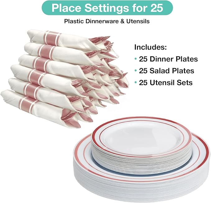 Pre Wrapped Cutlery Set- 25 sets of Fork, Knife, Spoon wrapped in a napkin - 25 Small Plates- 25 Big Plates (Silver)