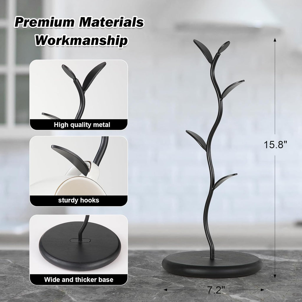 Mug Holder, Countertop Mug Tree, Coffee Mugs & Tea Cup Storage Rack, Coffee Counter Bar Accessory & Kitchen Organizer (Midnight Black)