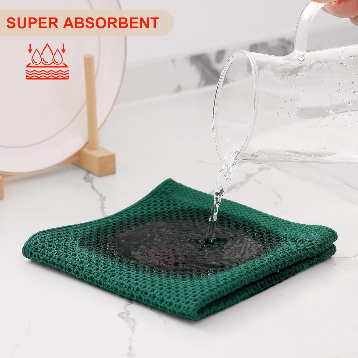 Kitinjoy 100% Cotton Kitchen Dish Cloths, 12 Pack Waffle Weave Ultra Soft Absorbent Dish Towels for Drying Dishes Quick Drying Kitchen Towels Dish Rags, 12 X 12Inch, Dark Green