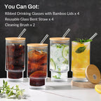 16OZ Ribbed Glass Cups with Lids and Straws,Iced Coffee Cups with Bamboo Lid,Vintage Glassware for Whiskey Cocktail Beer Fruit Juice Glasses Tumbler(6 Pack)
