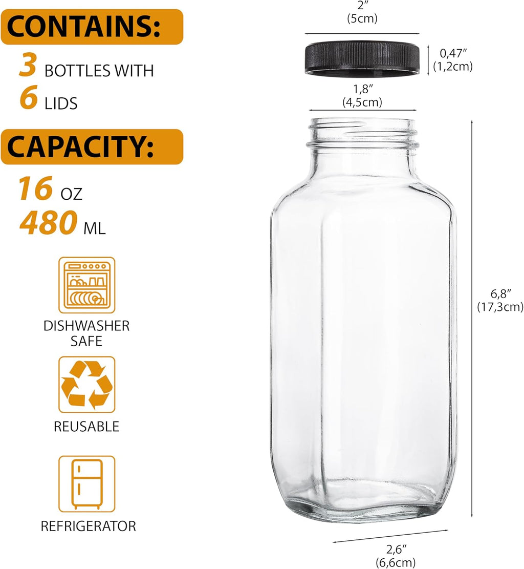 Juice Bottles with Lids, 16 Oz - Set of 3 - Clear Glass Jars with Caps - Reusable Empty Drink Containers for Juicing, Smoothies, Water, Milk, Kombucha Storage, Wellness Shots and More (3)