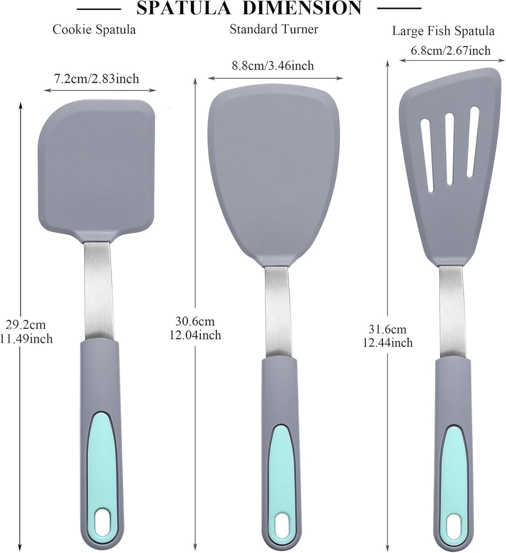 To encounter 3 Pieces Silicone Spatula Set, Heat Resistant Flexible Turner Spatulas, Nonstick Cookie Spatula, Fish Spatula, Dishwasher Safe, Light Grey