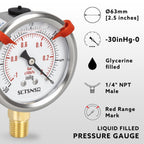 -30 inHg to 0 Vacuum Pressure Gauge, Glycerin Liquid Filled, 2.5 inch Dial, 1/4" NPT Lower Mount, Stainless Steel Case, for Air Conditioning Line, Tank, Air Pump, HVAC, Pipe, Pressure Test