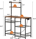 Huuger 39.4 Inch Bakers Rack with Power Outlets, Kitchen Microwave Stand with Storage, Coffee Bar with 4 Hooks, 3-Level Height Open Shelves, Rustic Brown