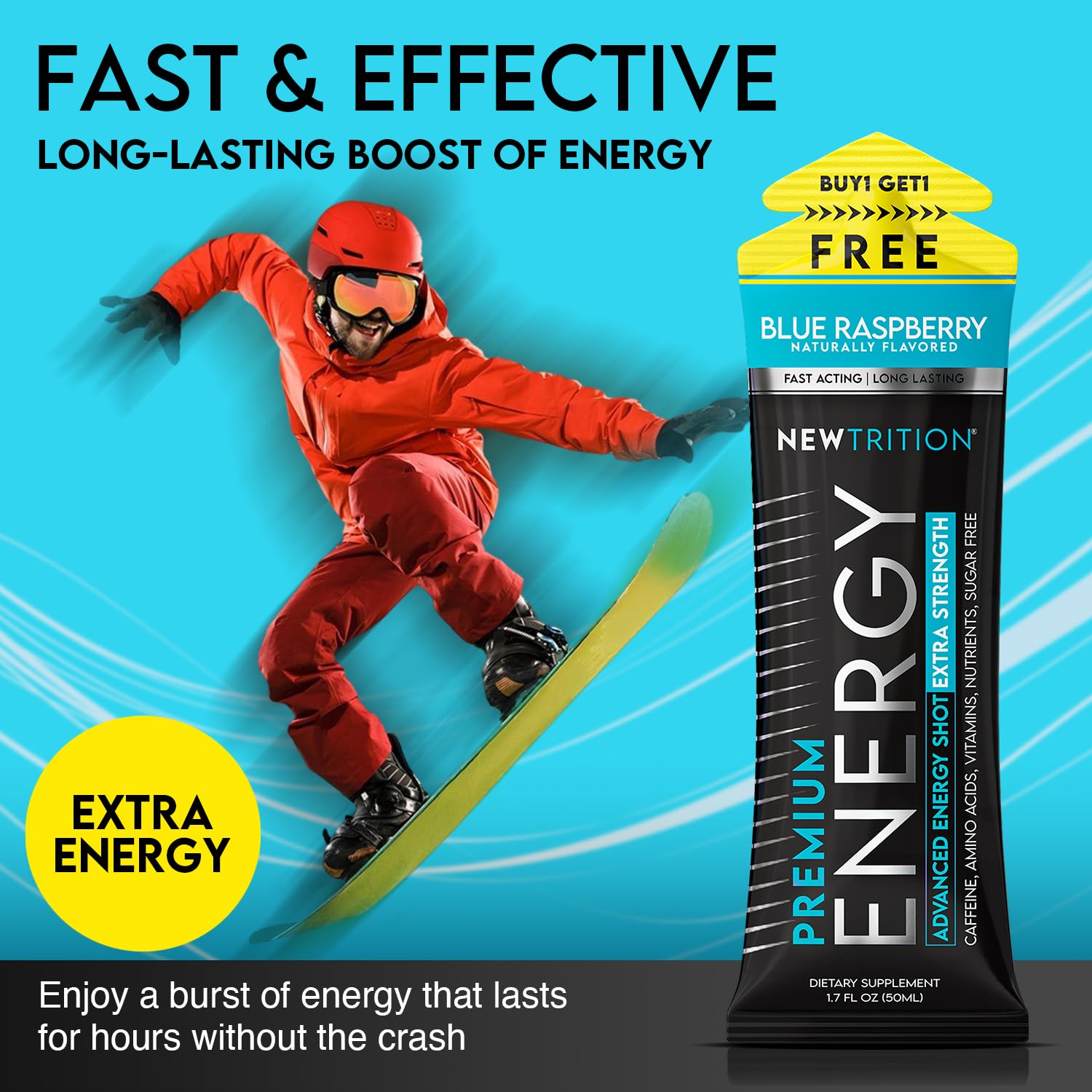 NewTrition® Extra Strength Energy Shots, 250mg Caffeine Energy Shots with Vitamin B & Amino Acids, Sugar-Free Vitamin Energy Shot, 1.7 fl oz (Pack of 24, Blue Raspberry)