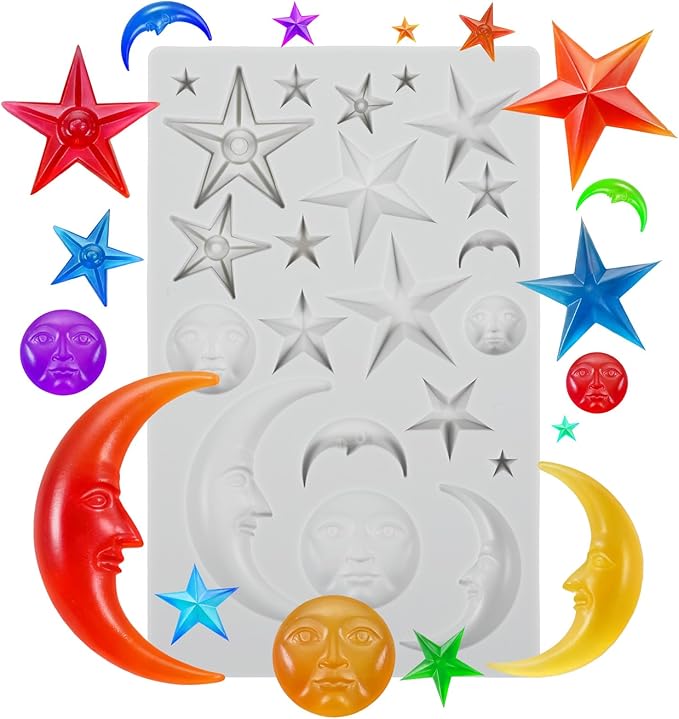 Sun Face Moon Stars Polymer Clay Molds, Silicone Fondant Mold Cake Decorating Tools, Candy Mould for Chocolate Gumpaste Sugarcraft DIY Resin Crafts