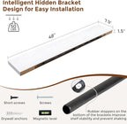 Heimlove 48 Inch Floating Shelves for Wall 8 Inch Deep White Shelves Set of 2,Wall Mounted Rustic Wood Long Floating Shelf，Large Display & Storage Shelf with Invisible Brackets