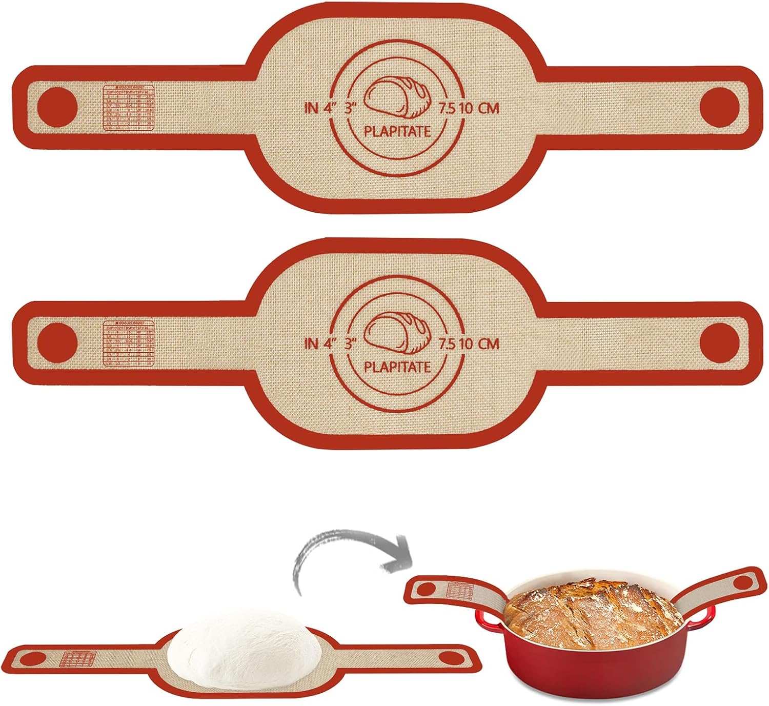 Silicone Bread Sling Dutch Oven Liner, Non-Stick & Easy Clean Reusable Oval Silicone Bread Sling Baking Mat, Easy to Transfer Sourdough Bread - 2 Red Set