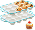 Silicone Muffin Pans for Baking 2 Pack, 2.6 Inch with Metal Reinforced Frame, Regular Size Nonstick Cupcake Pan 12 Cups for Baking Homemade Muffins, Dishwasher Safe BPA Free-Blue