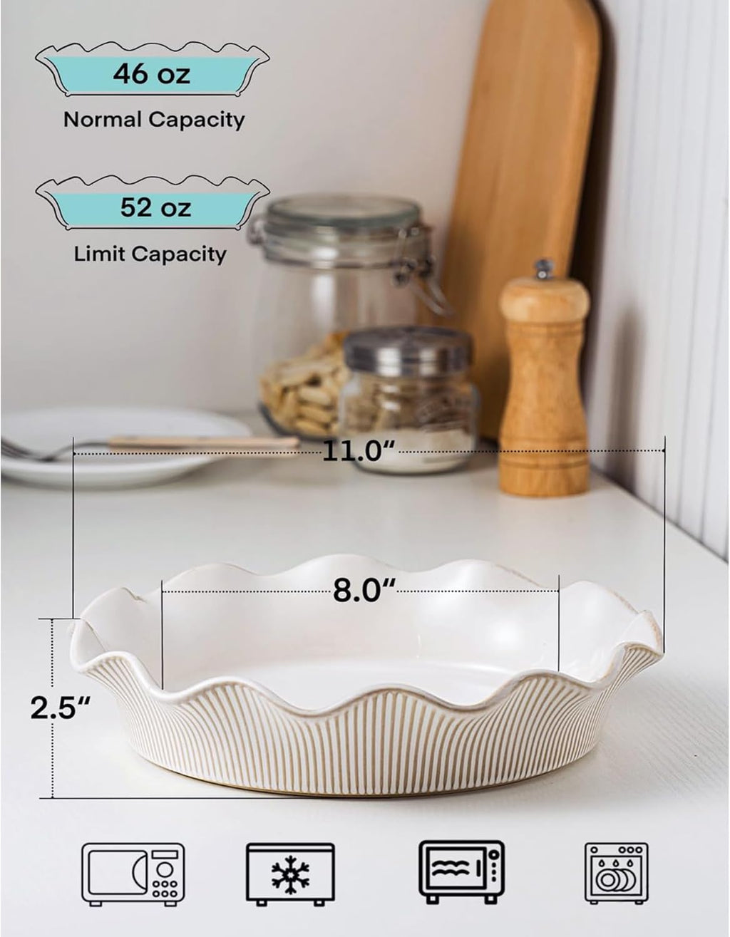 Ceramic Deep Pie Pan for Baking, 11 inch Porcelain Pie Dish for Apple Pie, Oven & Dishwasher Safe, Farmhouse Decor, 48 Ounce Deep Plate for Kitchen, Non-Stick Pie Pans,Off-White