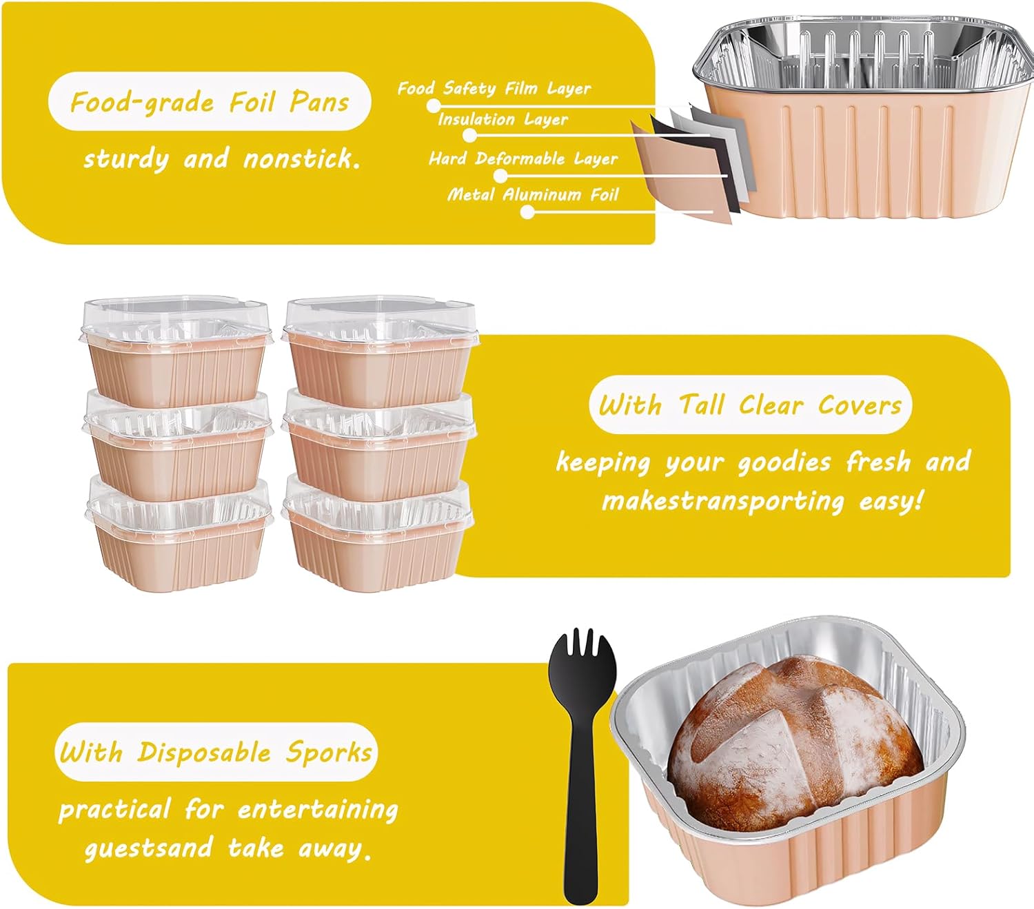 25 Pack Square Mini Cake Pans with Lids,Mini Loaf Pans with Lids,Aluminum Foil Baking Cups,Disposable Ramekins Cupcake Cups,Dessert Cups for Wedding Birthday Party,5oz (Champagne)