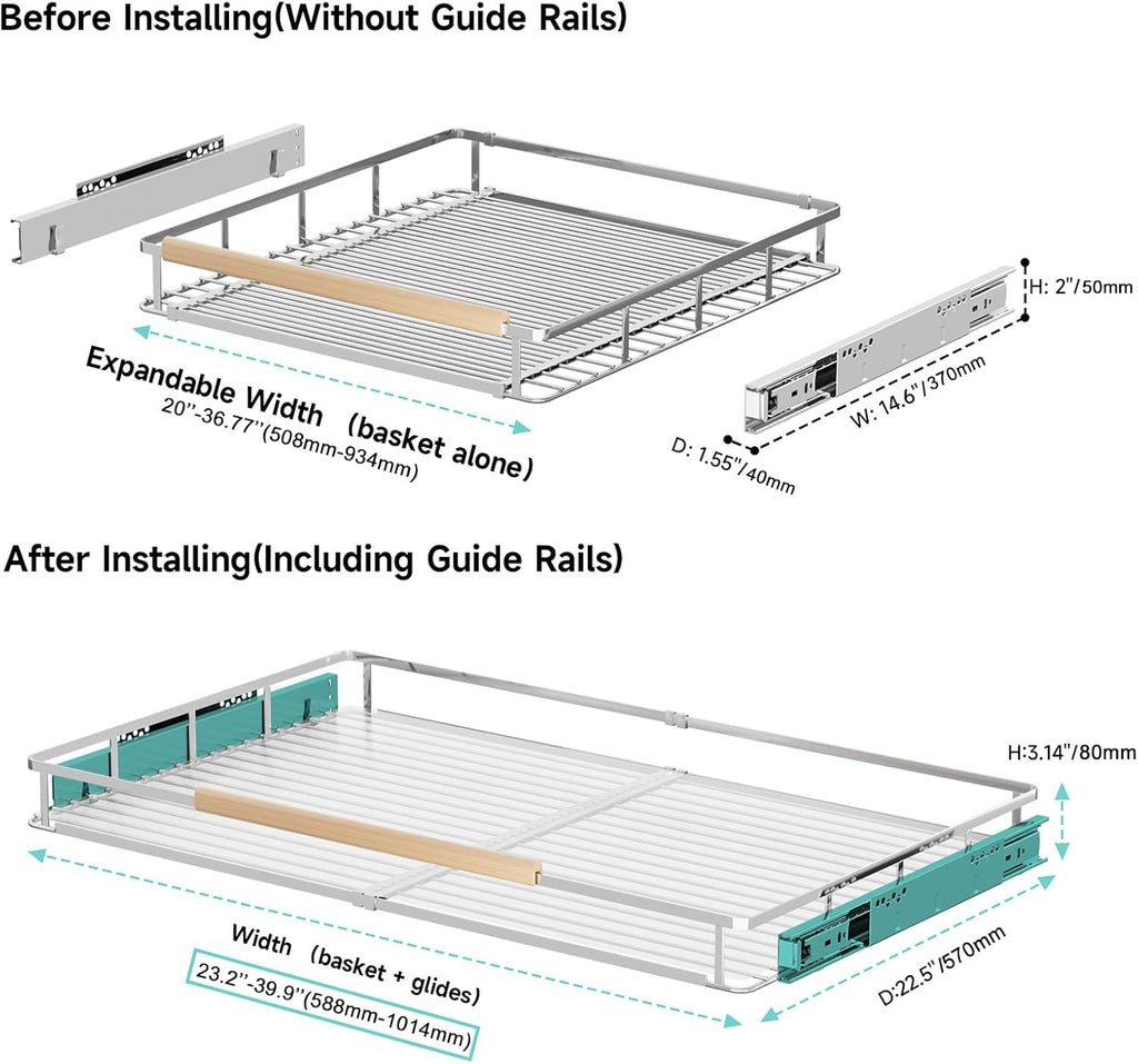 2Pack Expandable Pull Out Cabinet Organizer, Adjustable Width:23.2~39.9''W x 22.5''D Under Sink Organizer, Drawer Storage Shelves for Kitchen, Bathroom, Closet, Pantry, Cupboard, Pots, Pans