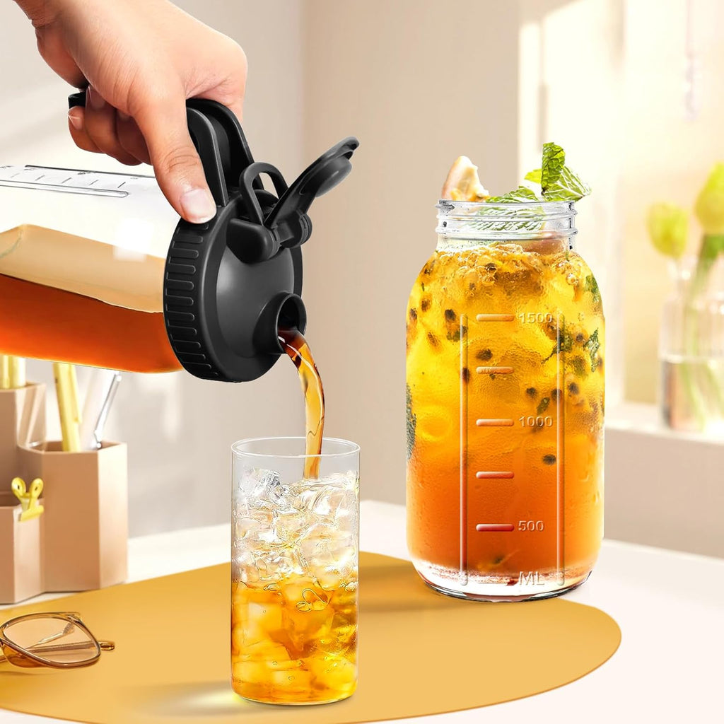 Mason Jar Pitcher, 64 OZ Glass Pitcher with Lid Double Leak-proof with Handle Water Jug Wide Mouth Breast Milk Pitcher Fridge Container for Water, Juice, Iced Coffee, Tea, Juice （Black）