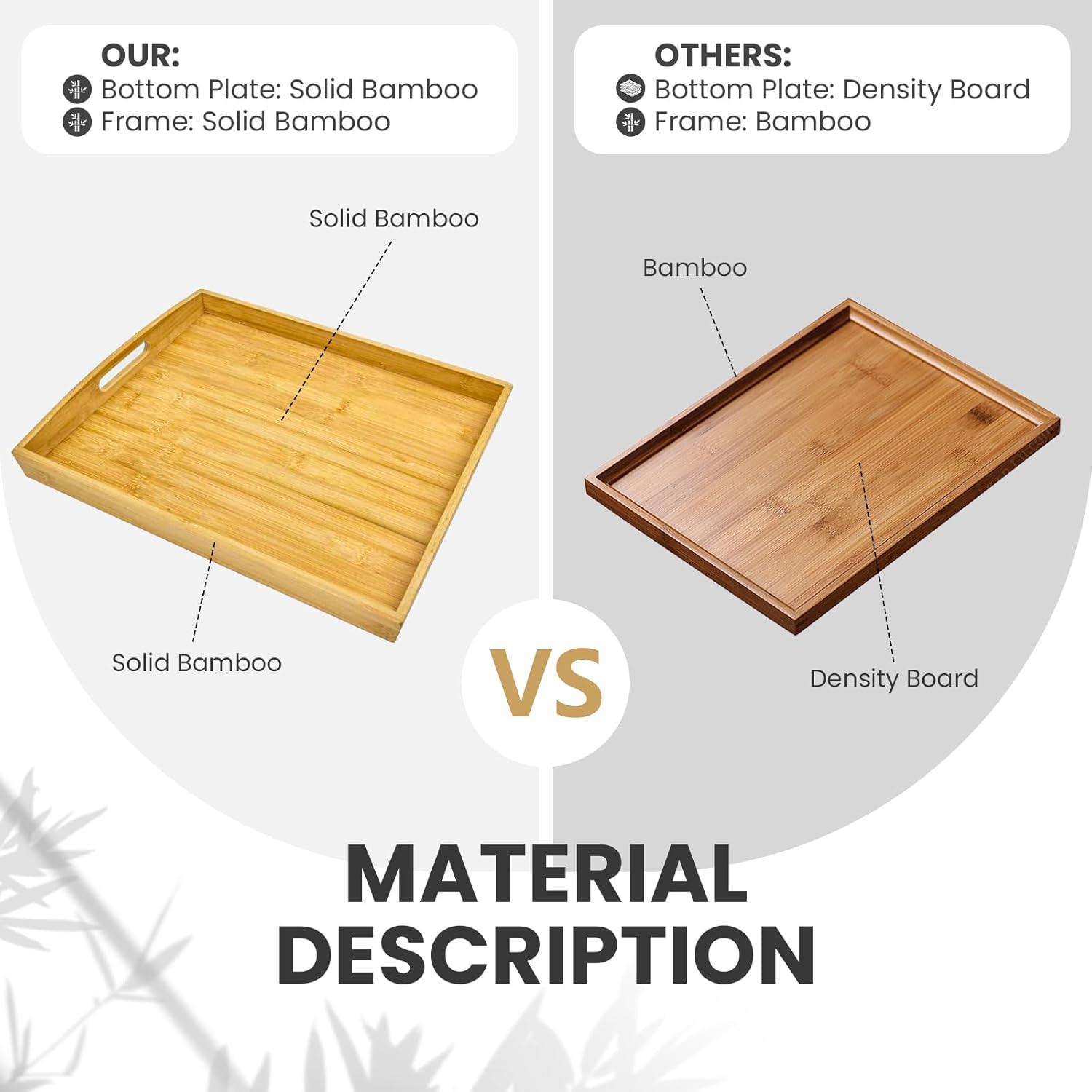 Bamboo Serving Tray with Handles Set of 2 - Decorative Wooden Trays for Eating, Working, and Storing, Suitable for Use in Bedroom, Living Room, Kitchen, Bathroom, Outdoor Scenarios and More