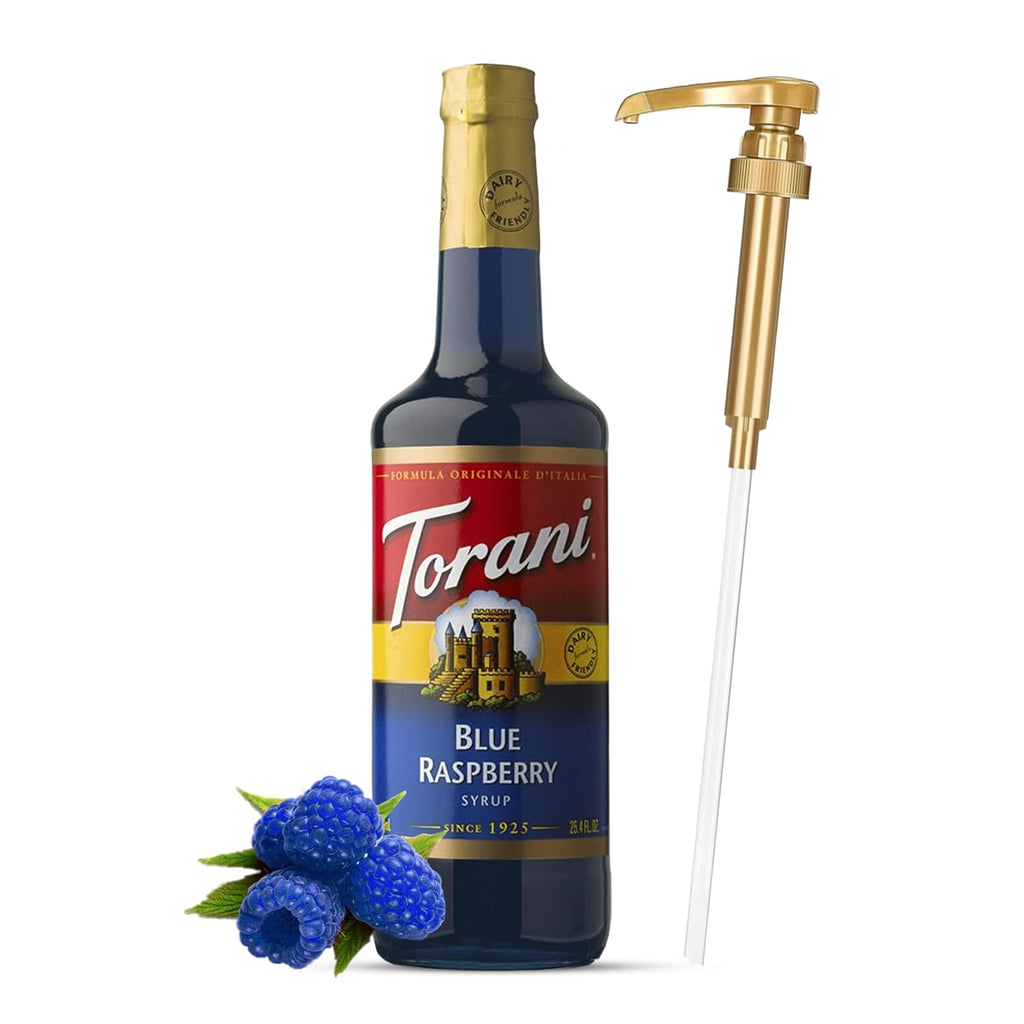 Jimoco® Syrup Pump Dispenser + Torani® Blue Raspberry Syrup, 25.4 oz - Coffee Syrup Pump & Flavoring Bundle