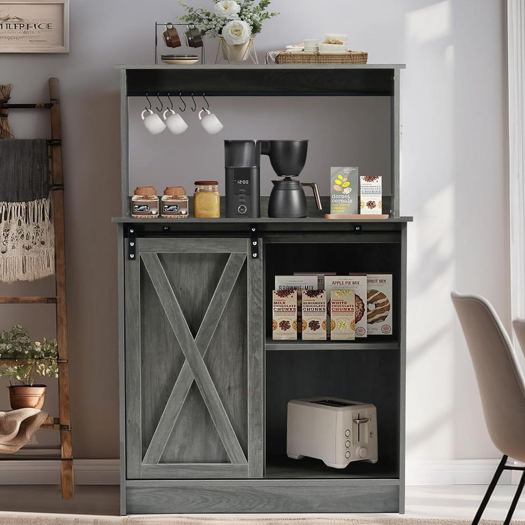 4ever2buy Farmhouse Coffee Bar Cabinet with 6 Hooks, 50'' Kitchen Buffet Hutch Cabinet with Sliding Barn Door, Small Coffee Bar Table with Hutch for Dining Living Room, Wash Gray
