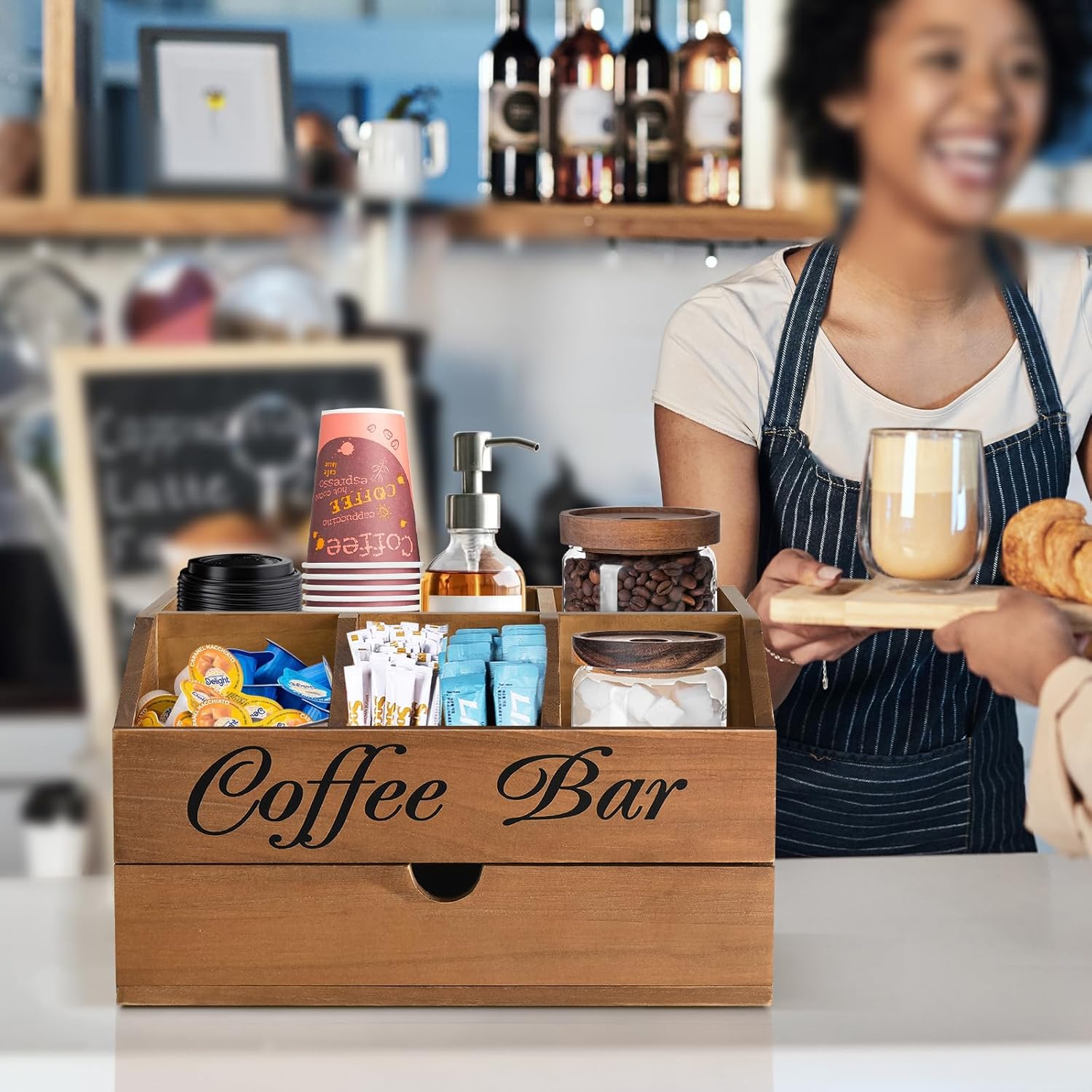 Coffee Bar Organizer Countertop, Wooden Bar Accessories With Drawer, Coffee Station Organizer Pods Holder Storage Basket, Farmhouse Tea Condiment Station