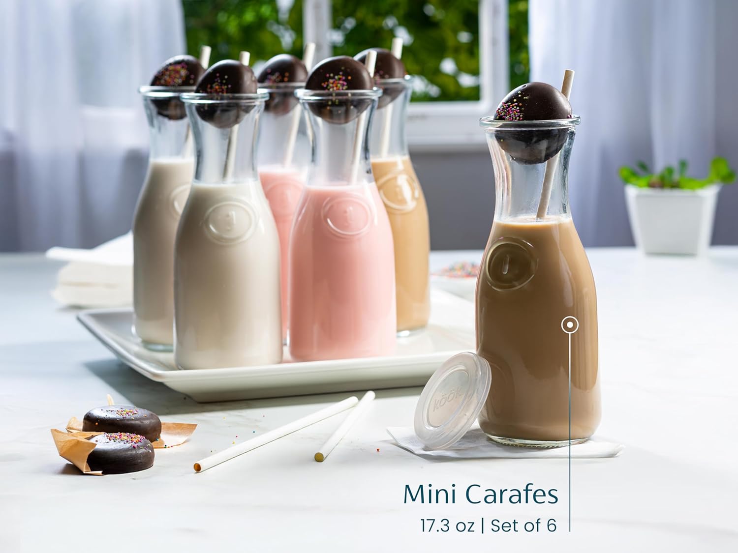 Glass Carafe Pitchers, by Kook, Mini Carafes- set of 6, Beverage Dispensers, Clear Jugs For Mimosas, Water, Wine, Milk and Juice, with Plastic Lids, Dishwasher Safe 17.3 oz