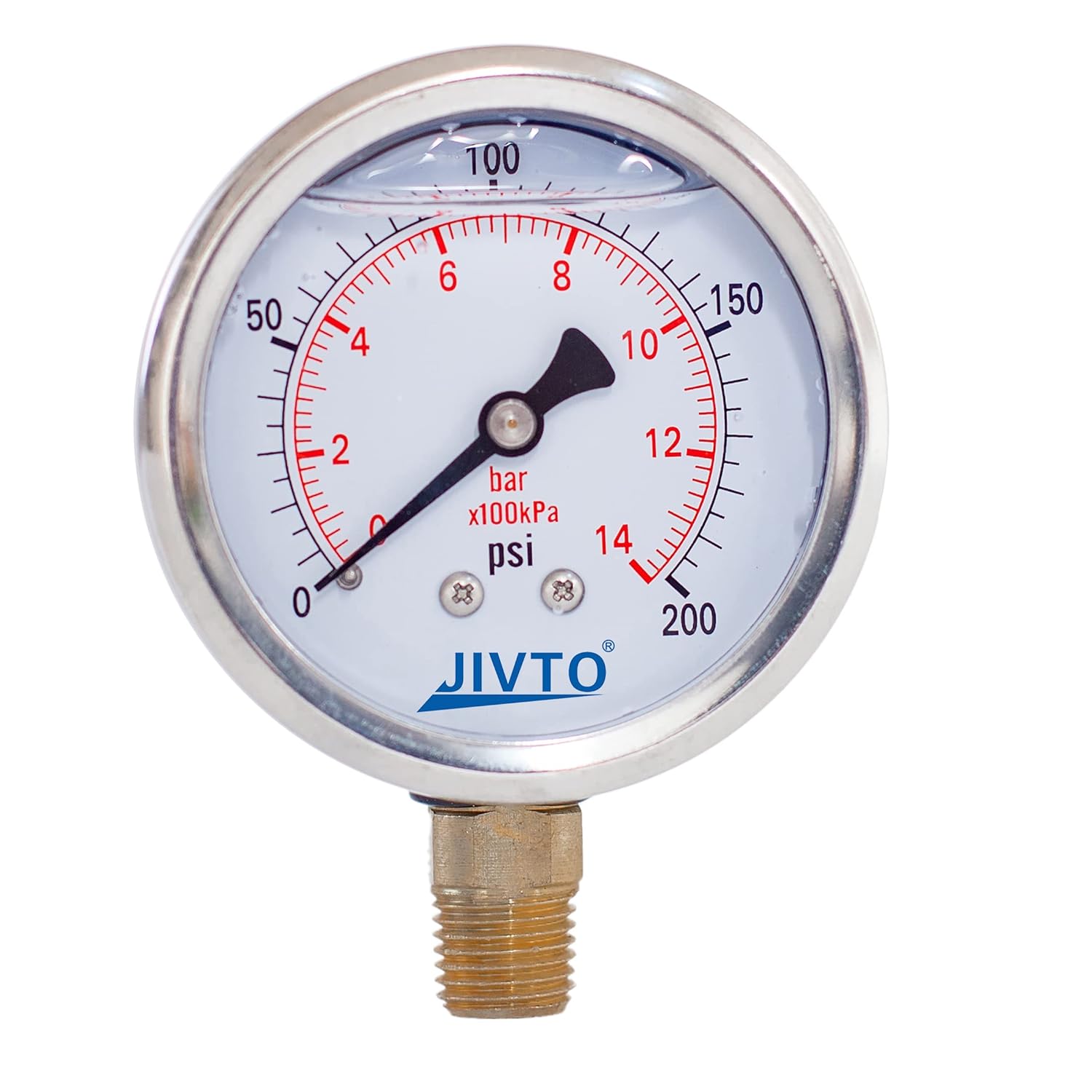 Pressure Gauge,Glycerin Liquid Filled,2.5" Dia,0-200 psi(Single Scale),1/4" NPT Brass Connection,Lower Mount, Stainless Steel Case,for Pneumatic,Pump,Hose,Well Tank,Gas Air Water Oil