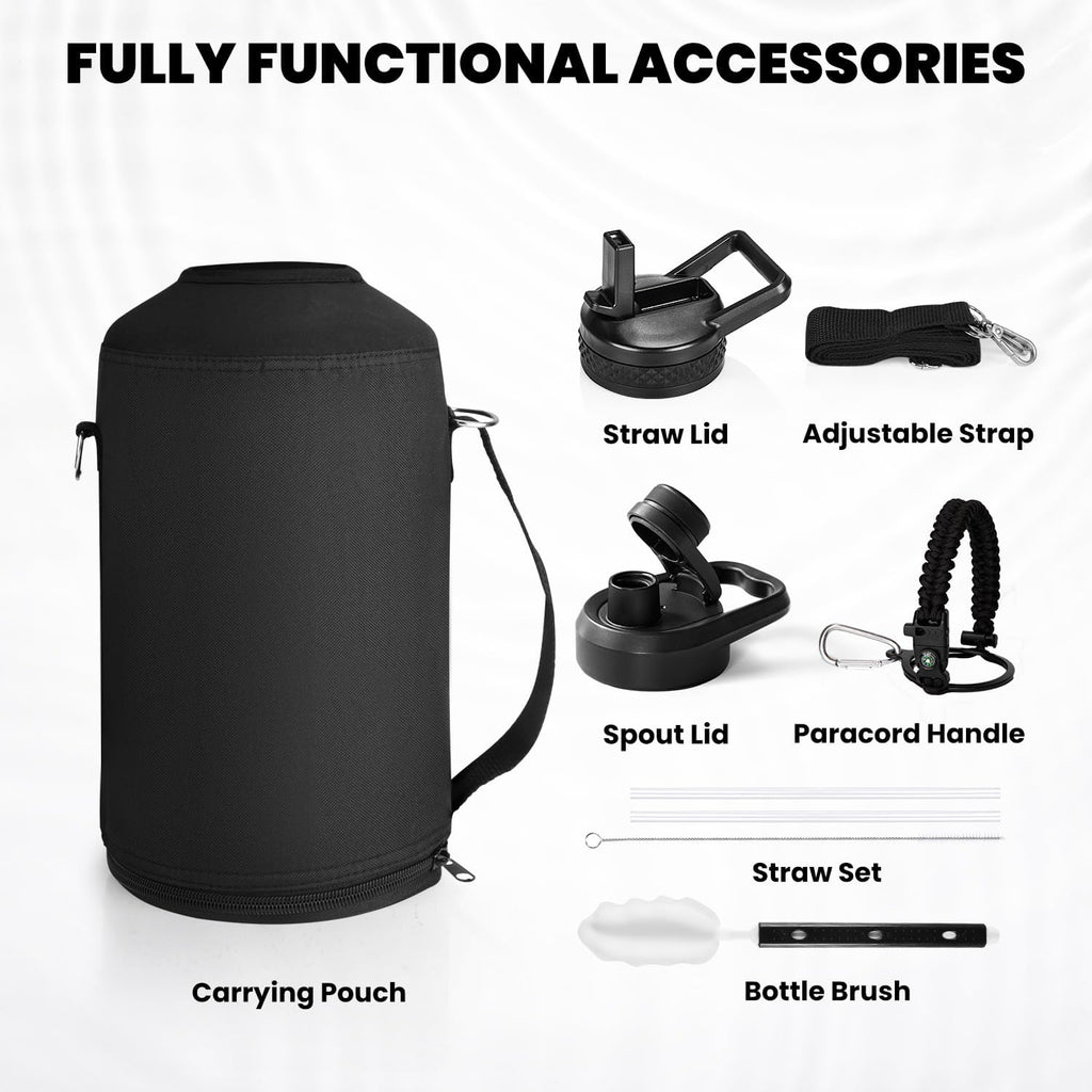 One Gallon Water Bottle Insulated, Triple Walled Vacuum Stainless Steel (Cold for 48 Hrs), Leak Proof & Non-BPA, Large Water Flask Jug with Paracord Handle & Straw Spout Lids