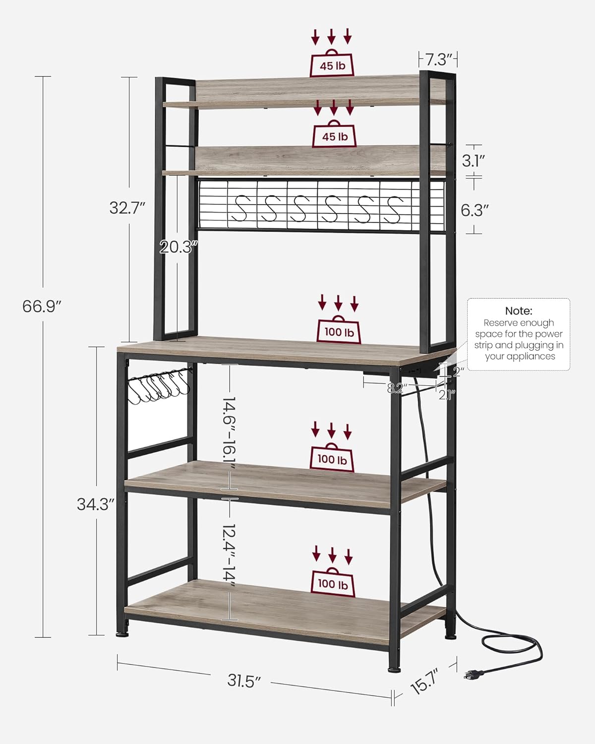 VASAGLE Hutch Bakers Rack with Power Outlet, 14 Hooks Microwave Stand, Adjustable Coffee Bar with Metal Wire Panel, Kitchen Storage Shelf, 15.7 x 31.5 x 66.9 Inches, Greige and Black UKKS025B02