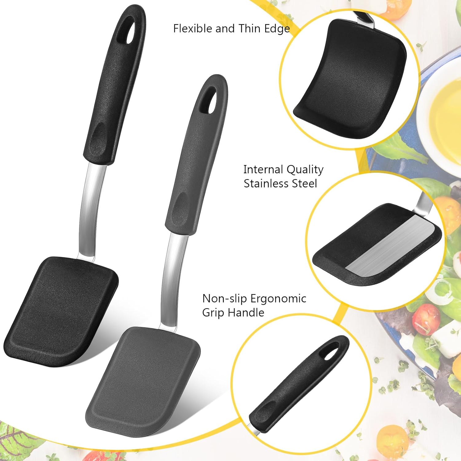 Silicone Cookie Spatula Turner 2 Pack Mini Brownie Spatula Flexible Kitchen Small Silicone Turner for Nonstick Cookware Heat Resistant No Scratch Flipper for Egg Pancake(Black, Grey)