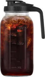 64oz Glass Pitcher with Handle and Lid, 2 Quart Mason Jar Pitcher - Airtight & Leakproof Water Jug with Pour Spout Lid, Glass Containers for Fridge, Perfect for Juice, Cold Brew, Iced & Sun Tea