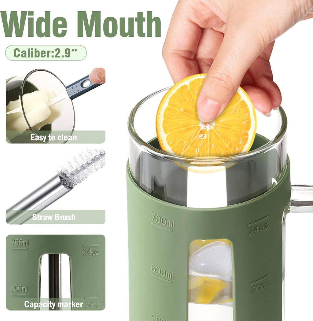 Kodrine Glass Tumbler with Handle, 24 oz Iced Coffee Cup Boba Smoothie Cup, Bamboo Lid Home Office Tumblers, Olive