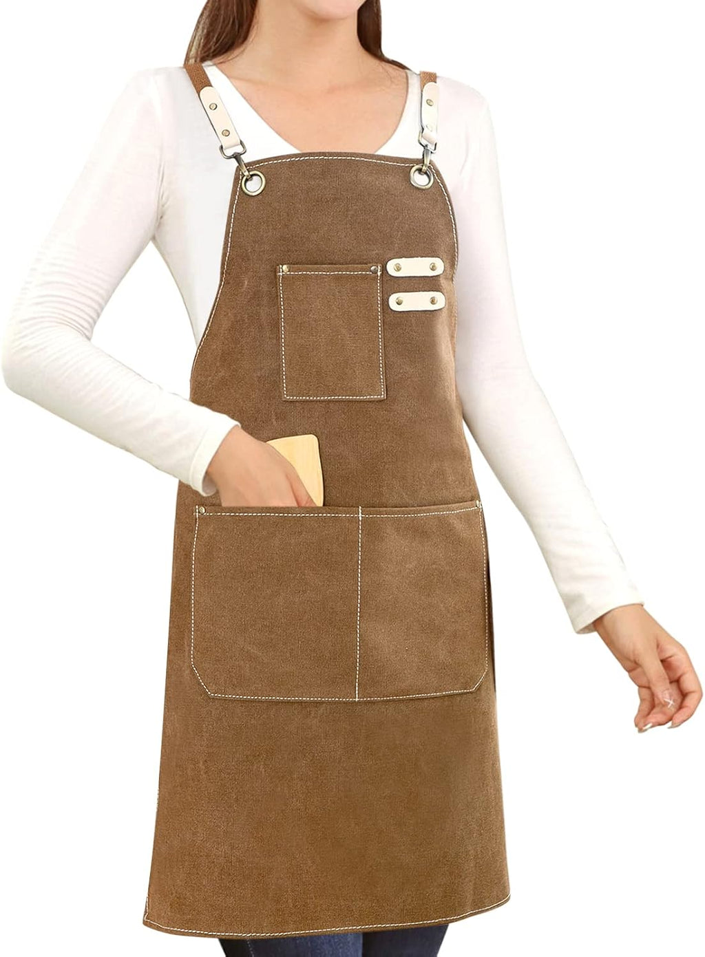 Cotton Canvas Cross Back Apron for Art Painting Garden Chef Bartender Work,Women Men 3 Pockets Waterproof Adjustable M-XXL