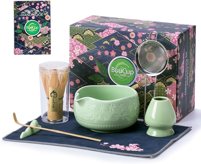 Matcha Whisk Set, Ceramic Matcha Kit Set Includes Matcha Bowl, Matcha Whisk and Holder, Bamboo Scoop, Scoop Rest, Sifter and Tea Towel - 7 Pcs Matcha Kit for Matcha Lovers (Green)