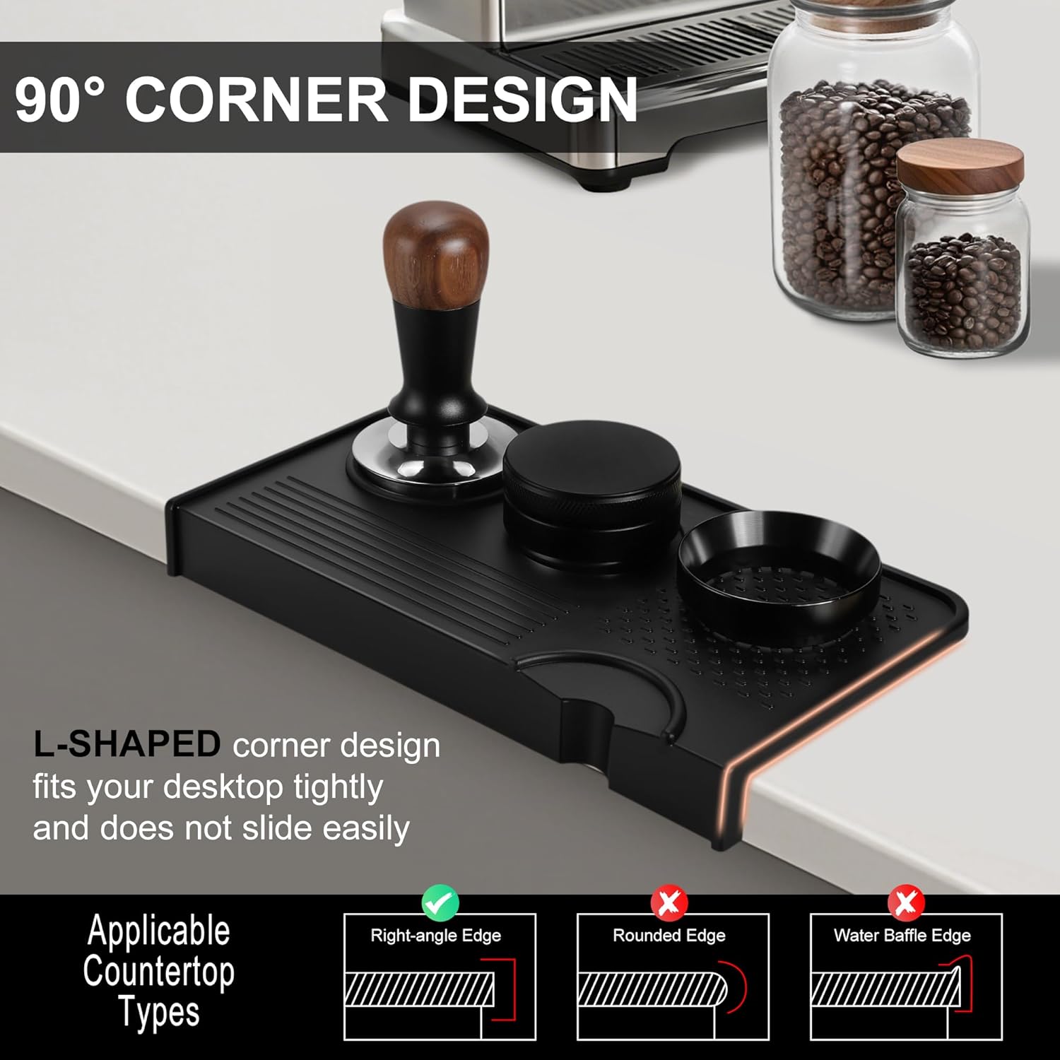 VOCOSTE Espresso Tamping Mat, Non-Slip, Prevents Portafilters from Damaging the Counter, Silicone 10.43"x5.51" Coffee Tamper Mat for Barista Espresso Machine Accessories, Black