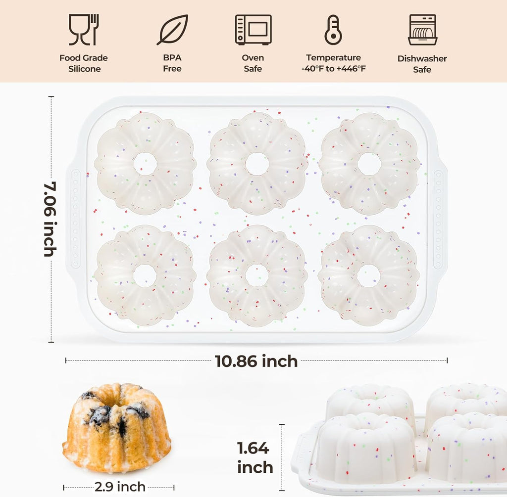 Mini Bundt Cake Pans for Baking, 2Pcs Silicone 6-Cavity Fluted Tube Cake Pan with Metal Reinforced Frame, Nonstick Baking Molds for Cupcake, Brownie, Donuts, Cornbread, Jello