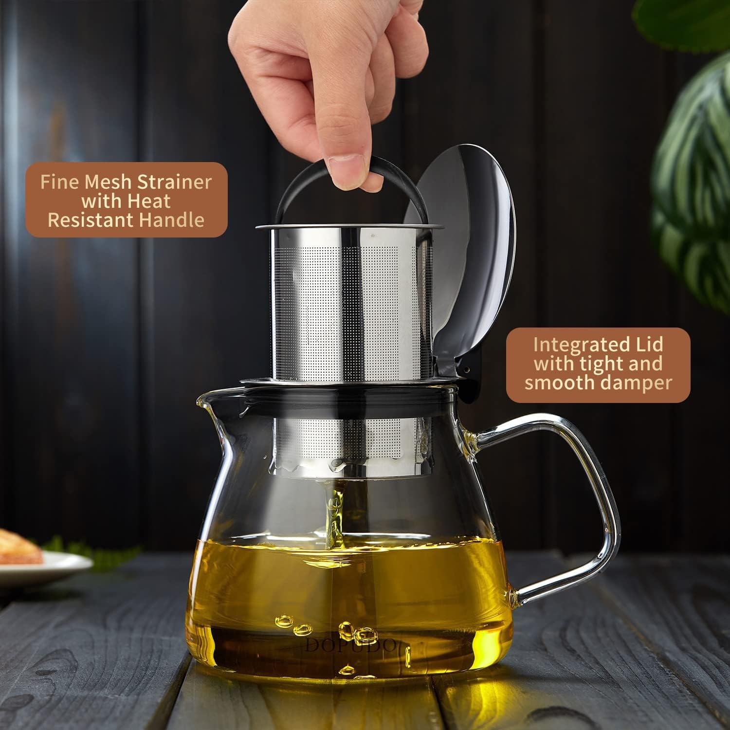 Glass Teapot Tea Pot with Removable Stainless Steel Infuser, 25oz / 760ml Borosilicate Glass Tea Kettle for Office Work, Fine Strainer for Loose Leaf Tea