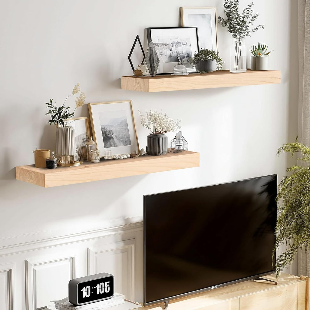 17x8x1.6 inch Floating Shelves Set of 2 – Solid Wood Rustic Wood Wall Mounted Shelf for Kitchen, Bathroom, Living Room