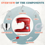 CHeflee Stand Mixer,600W 6+P With 6.5QT Stainless Steel Bowl,Dough Hook, Wire Whip & Beater,for Most Home Cooks,Red